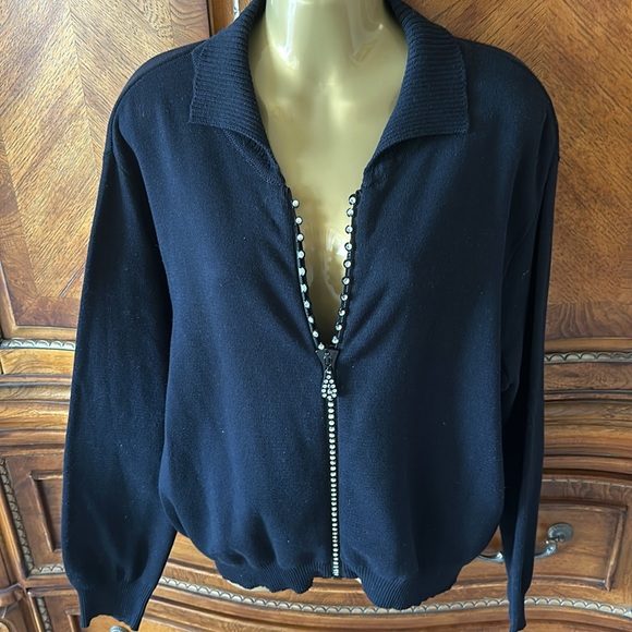 Black front zip sweater with rhinestone, detailed zipper - Picture 1 of 5